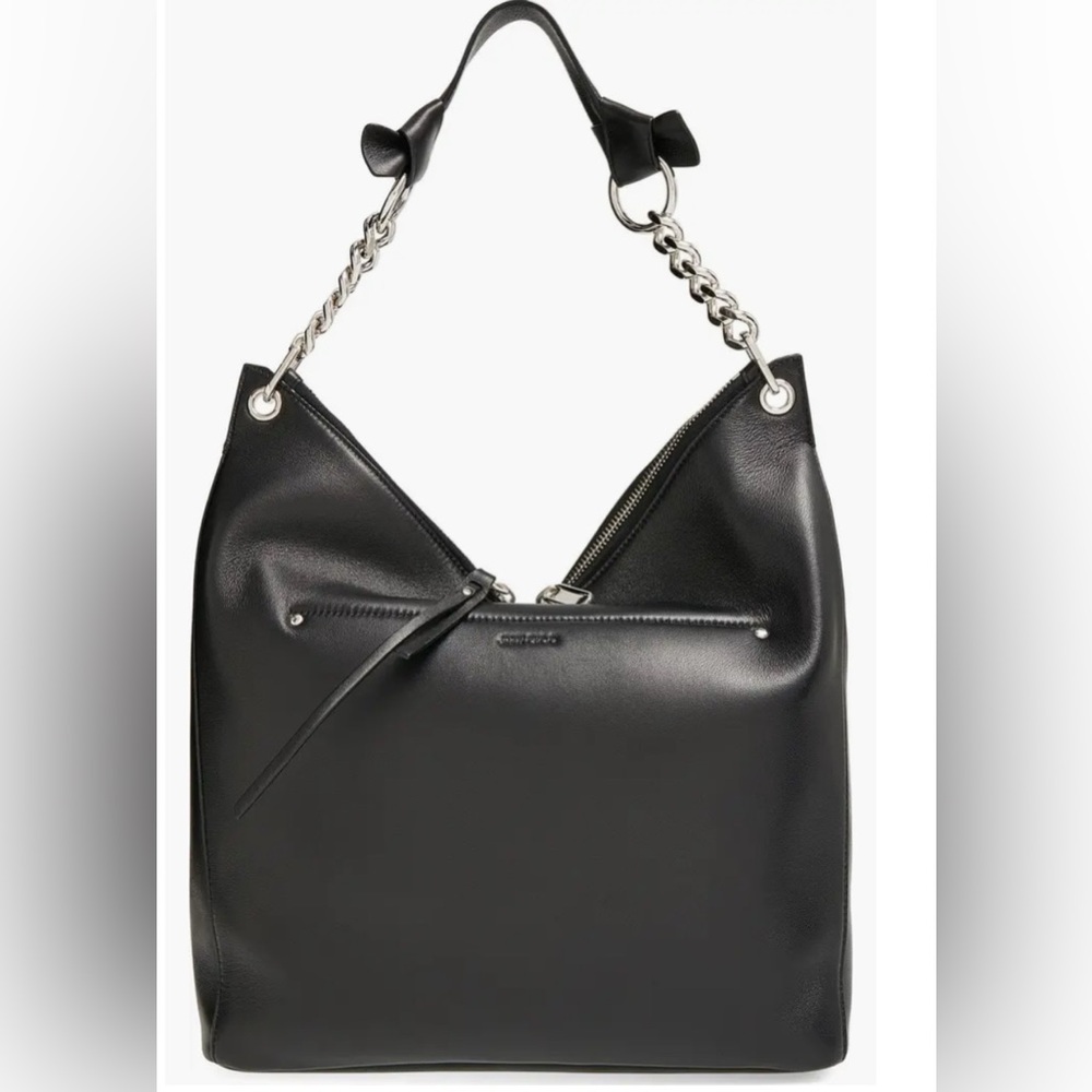 JIMMY CHOO NAPPA RAVEN HOBO BLACK LEATHER SILVER CHAIN SHOULDER BAG TOTE ZIPPER